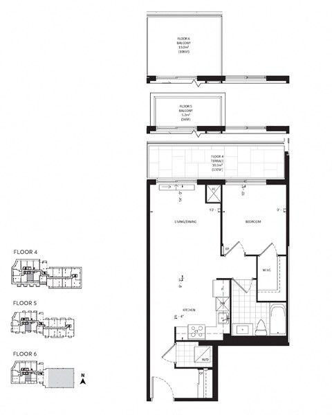 Floor plan for 1 bed, 1 bath, 629 sqft